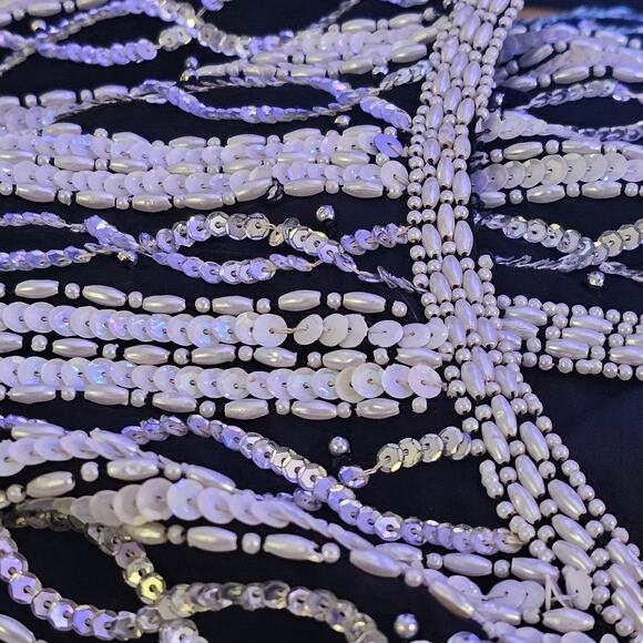 VTG Carina Silk Sequin Beaded Blazer Sz Lg Silver Black Holiday Evening Jacket - Picture 8 of 8